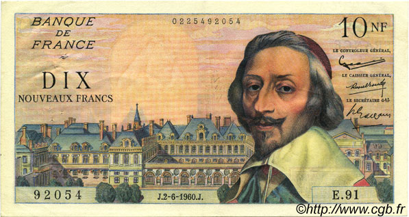 10 Nouveaux Francs RICHELIEU FRANCIA  1960 F.57.08 MBC+