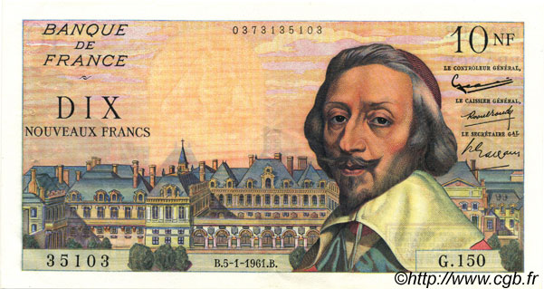 10 Nouveaux Francs RICHELIEU FRANCIA  1961 F.57.13 EBC+
