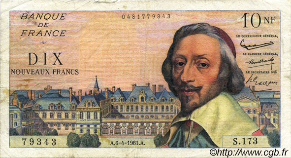 10 Nouveaux Francs RICHELIEU FRANCIA  1961 F.57.15 q.MB