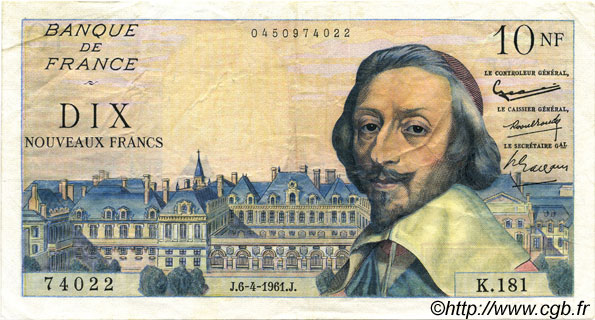 10 Nouveaux Francs RICHELIEU FRANCE  1961 F.57.15 VF