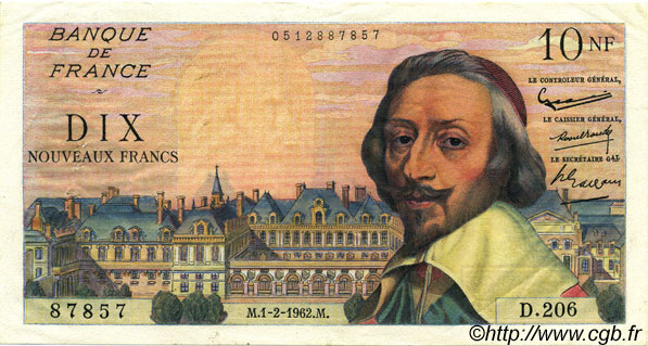 10 Nouveaux Francs RICHELIEU FRANCE  1962 F.57.17 XF