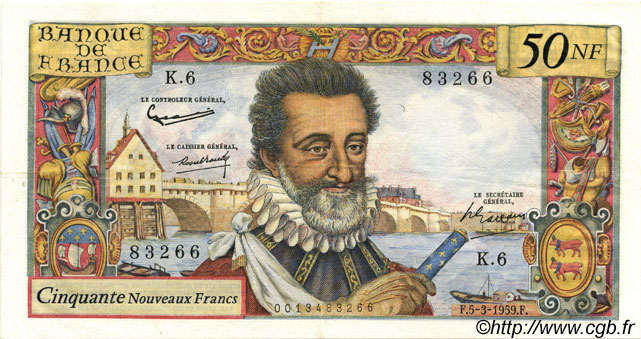 50 Nouveaux Francs HENRI IV FRANCE  1959 F.58.01 XF