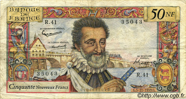 50 Nouveaux Francs HENRI IV FRANCE  1959 F.58.04 VG
