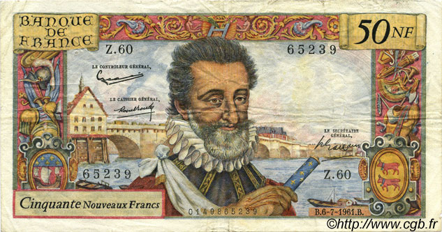 50 Nouveaux Francs HENRI IV FRANCE  1961 F.58.06 VF-