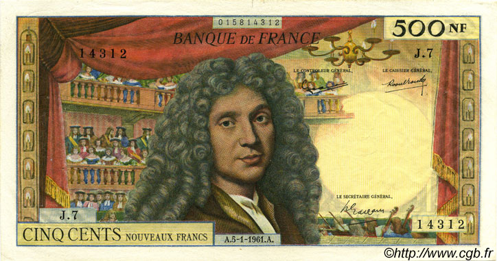 500 Nouveaux Francs MOLIÈRE FRANCE  1961 F.60.03 TTB+