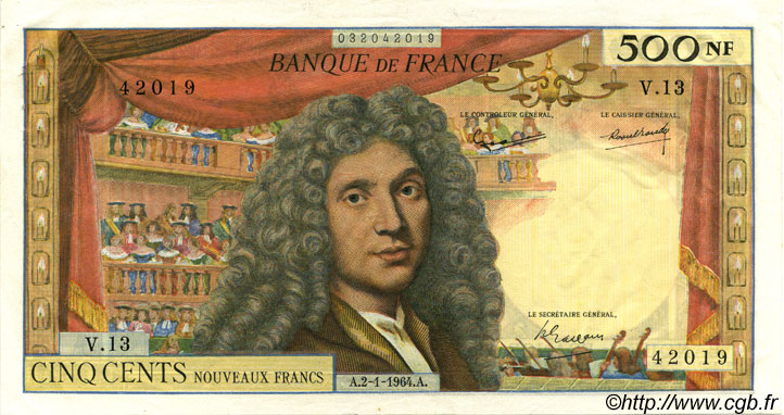 500 Nouveaux Francs MOLIÈRE FRANCE  1964 F.60.06 XF - AU