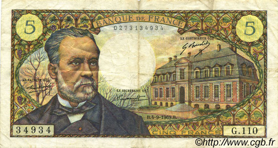 5 Francs PASTEUR FRANCIA  1969 F.61.11 q.BB