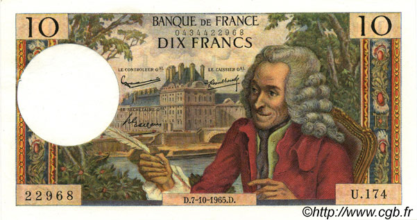 10 Francs VOLTAIRE FRANCE  1965 F.62.16 XF+