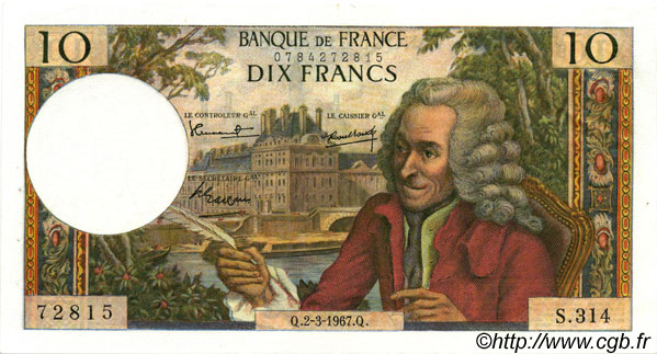10 Francs VOLTAIRE FRANCIA  1967 F.62.25 EBC+