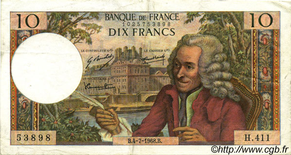 10 Francs VOLTAIRE FRANCE  1968 F.62.33 VF+