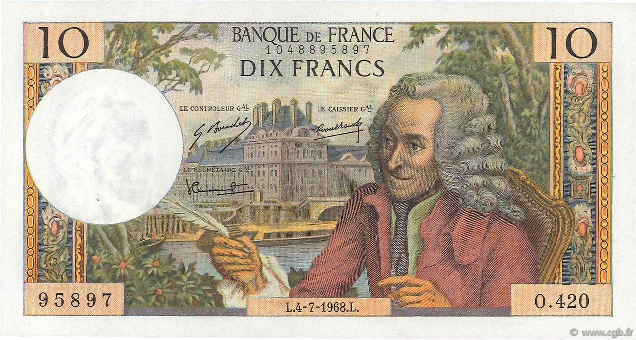 10 Francs VOLTAIRE FRANCE  1968 F.62.33 XF