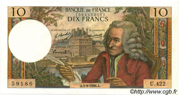 10 Francs VOLTAIRE FRANCE  1968 F.62.34 AU-