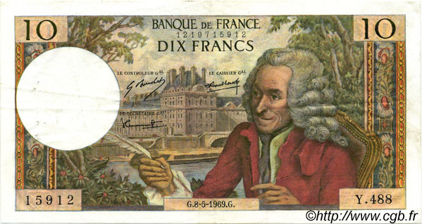 10 Francs VOLTAIRE FRANCE  1969 F.62.38 VF