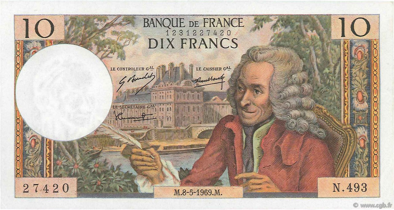 10 Francs VOLTAIRE FRANCE  1969 F.62.38 XF+