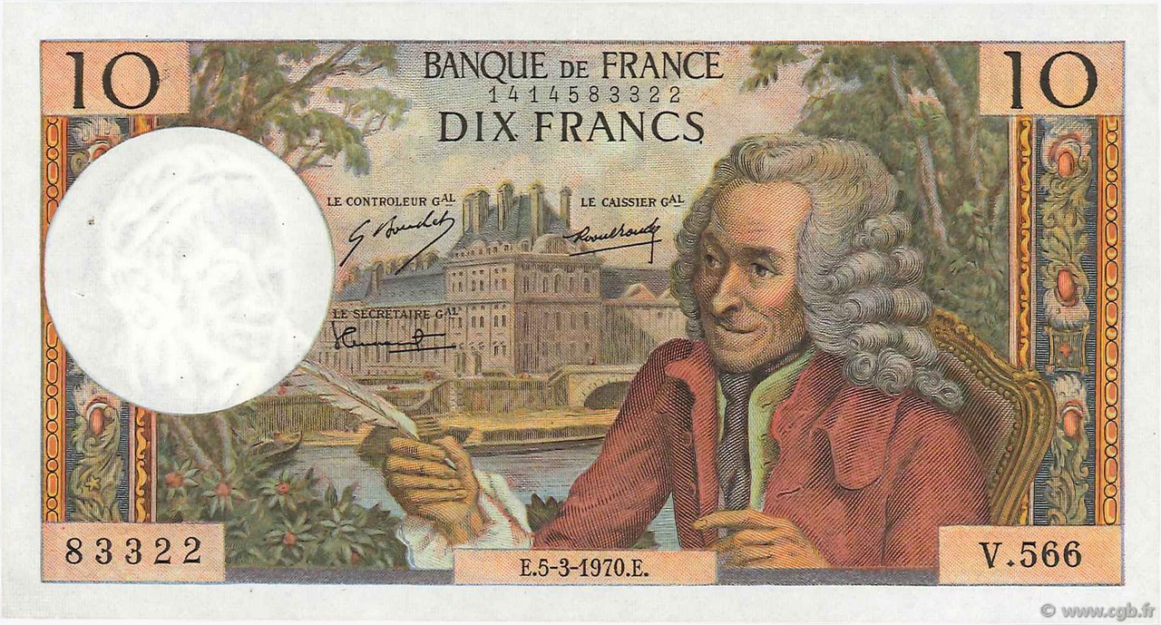 10 Francs VOLTAIRE FRANCE  1970 F.62.43 XF+