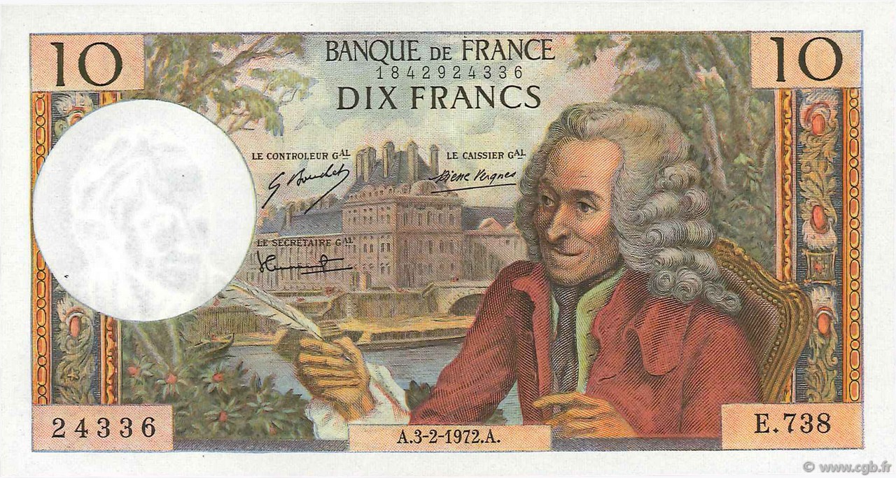 10 Francs VOLTAIRE FRANKREICH  1972 F.62.54 VZ+ to fST