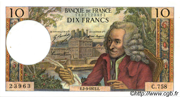 10 Francs VOLTAIRE FRANKREICH  1972 F.62.54 VZ+