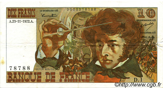 10 Francs BERLIOZ FRANCE  1972 F.63.01 VF