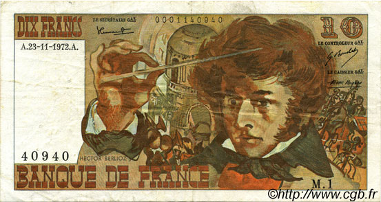 10 Francs BERLIOZ FRANCE  1972 F.63.01 VF