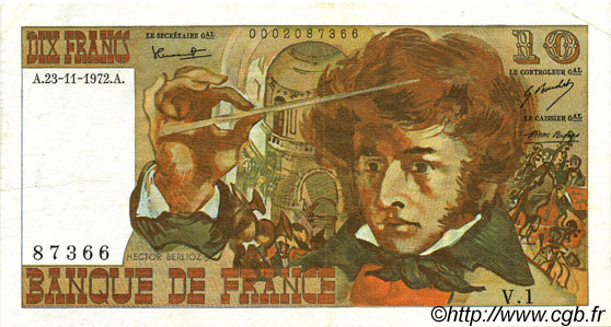 10 Francs BERLIOZ FRANKREICH  1972 F.63.01 fVZ