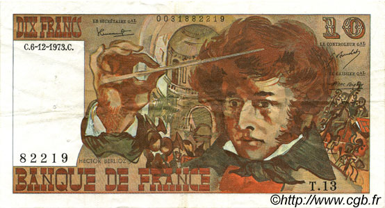 10 Francs BERLIOZ FRANCE  1973 F.63.02 VF+