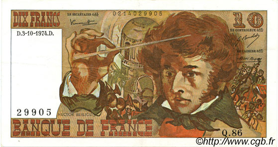 10 Francs BERLIOZ FRANCE  1974 F.63.07a VF+
