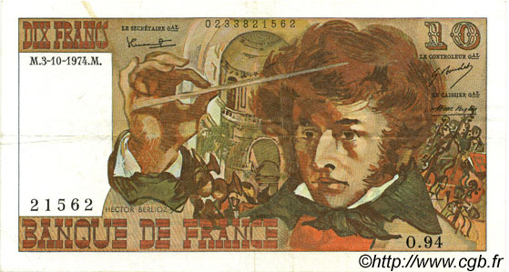 10 Francs BERLIOZ FRANKREICH  1974 F.63.07a fVZ