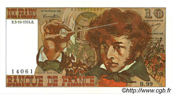 10 Francs BERLIOZ FRANCIA  1974 F.63.07a AU+