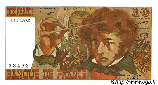 10 Francs BERLIOZ FRANCE  1975 F.63.11 AU+
