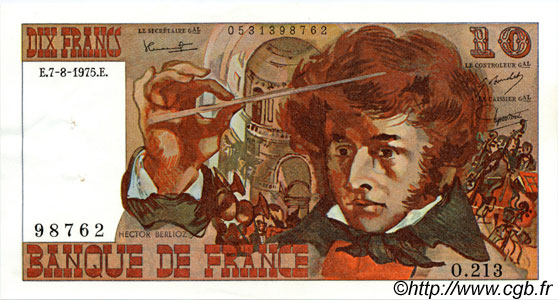 10 Francs BERLIOZ FRANKREICH  1975 F.63.12 VZ to fST
