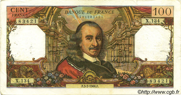 100 Francs CORNEILLE FRANKREICH  1966 F.65.11 S