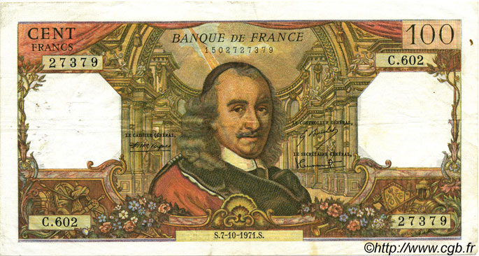 100 Francs CORNEILLE FRANCIA  1971 F.65.37 MBC