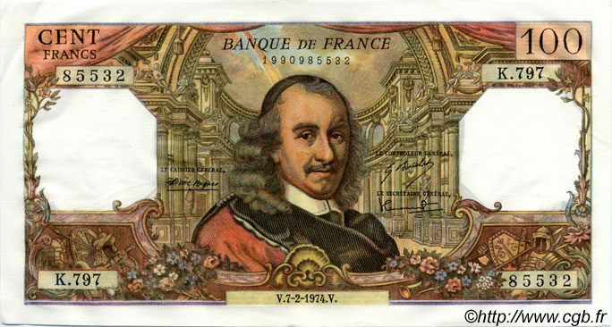 100 Francs CORNEILLE FRANCIA  1974 F.65.45 EBC a SC