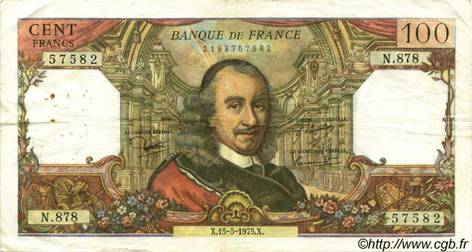 100 Francs CORNEILLE FRANCIA  1975 F.65.49 q.BB