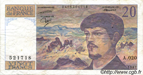 20 Francs DEBUSSY FRANCE  1987 F.66.08A20 F+