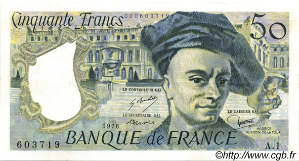 50 Francs QUENTIN DE LA TOUR FRANCIA  1976 F.67.01 EBC