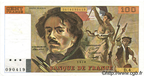 100 Francs DELACROIX FRANCE  1978 F.68.04 XF-