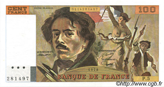 100 Francs DELACROIX modifié FRANCE  1978 F.69.01d AU