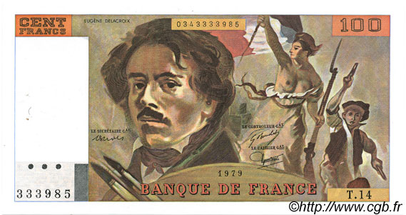100 Francs DELACROIX modifié FRANCE  1979 F.69.02c AU