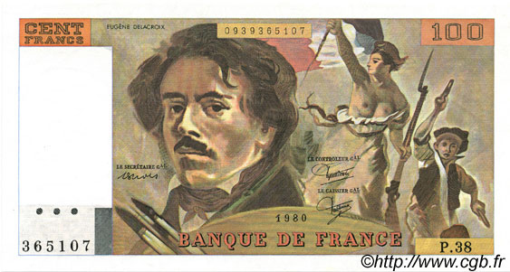 100 Francs DELACROIX modifié FRANKREICH  1980 F.69.04a fST+
