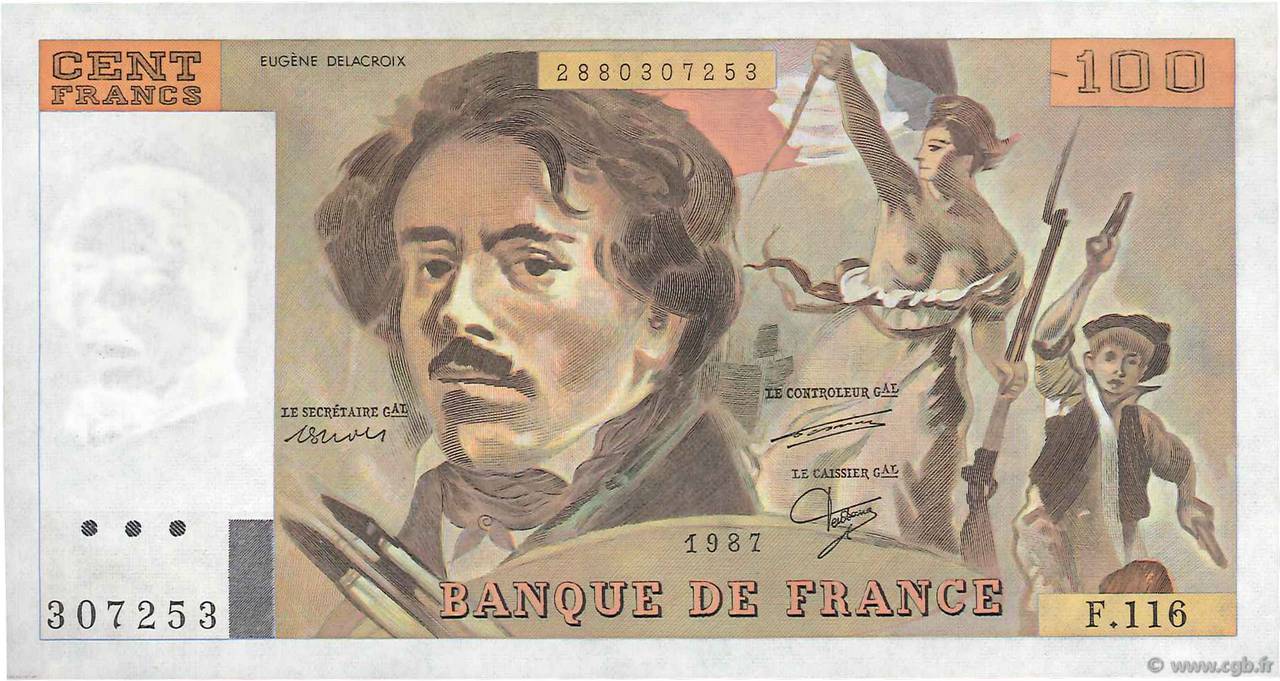 100 Francs DELACROIX modifié FRANCE  1987 F.69.11 AU+