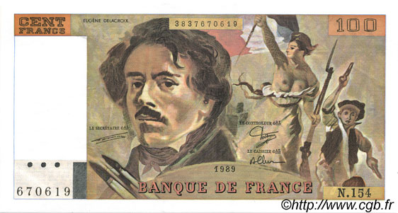 100 Francs DELACROIX modifié FRANCE  1989 F.69.13d AU+
