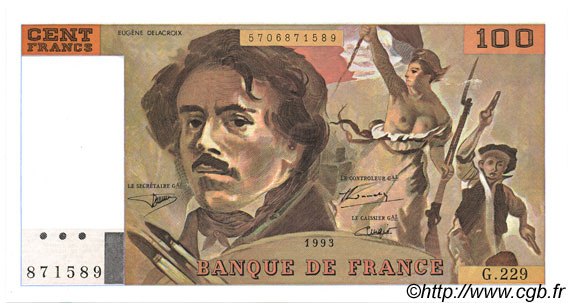 100 Francs DELACROIX imprimé en continu FRANCIA  1993 F.69bis.08 FDC