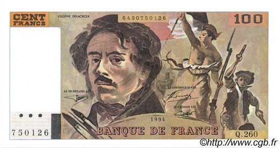 100 Francs DELACROIX 442-1 & 442-2 FRANCIA  1994 F.69ter.01a FDC