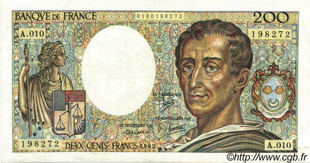 200 Francs MONTESQUIEU FRANCE  1982 F.70.02 XF-