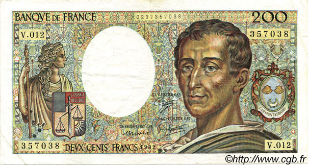 200 Francs MONTESQUIEU FRANCE  1982 F.70.02 VF