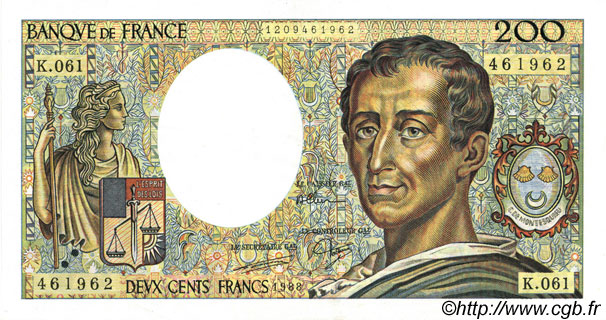 200 Francs MONTESQUIEU FRANCE  1988 F.70.08 XF+