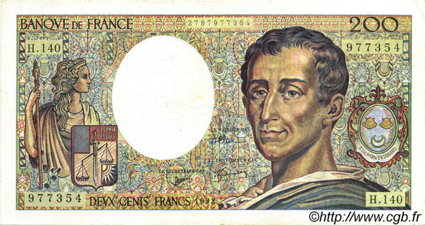 200 Francs MONTESQUIEU FRANCE  1992 F.70.12c XF