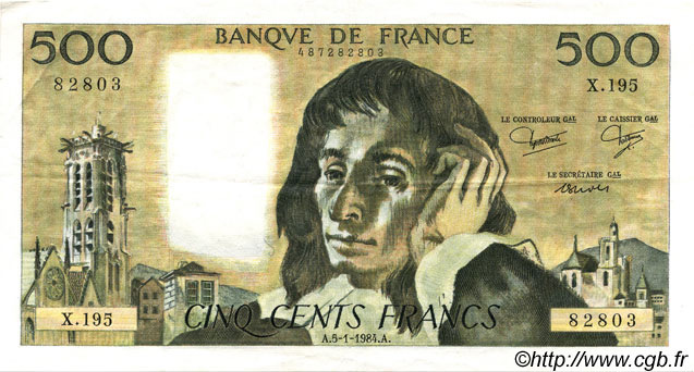 500 Francs PASCAL FRANCE  1984 F.71.30 XF-