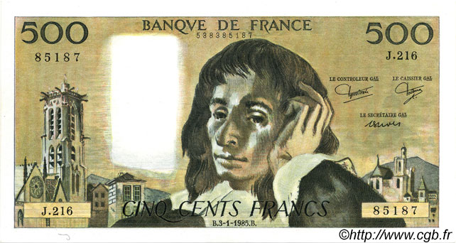500 Francs PASCAL FRANCIA  1985 F.71.32 q.FDC